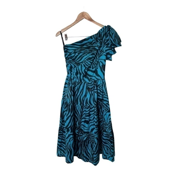 Vintage 70s 80s Mollie Parnis Studio Aqua Black Stripe One Shoulder Dres…